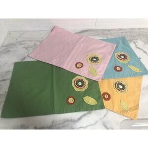 Vintage 70s Boho Colorful Flower Embroidered Cloth Placemats Set Of 4